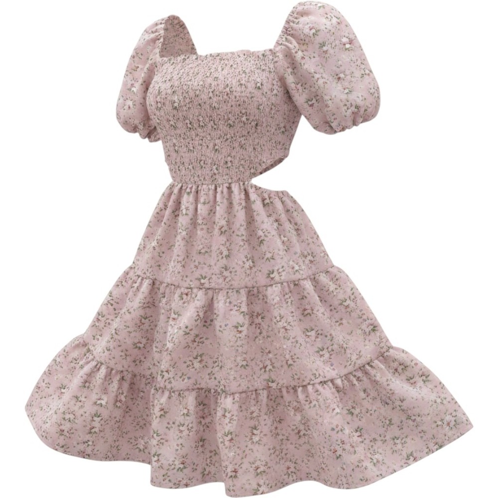 Kojooin Pink Floral Smocked Puff Sleeve Tiered Midi Cottagecore Rush Casual